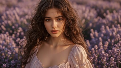 Beautiful young woman with long curly hair in a lavender field on a sunny day