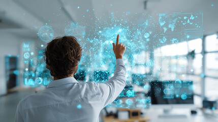 Innovative manager interacting with holographic data visualization in modern office environment