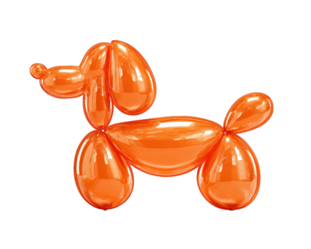 Orange balloon dog animal sculpture playful decoration shiny surface isolated on transparency background party art creative design cheerful mood fun shape reflective