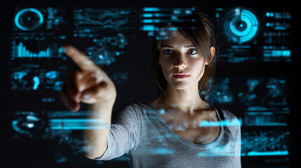 Businesswoman interacting with holographic data displays, showcasing performance metrics