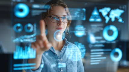 Businesswoman interacting with holographic performance metrics, showcasing innovation