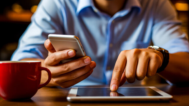 Man using phone and tablet near coffee image - Powered by Adobe
