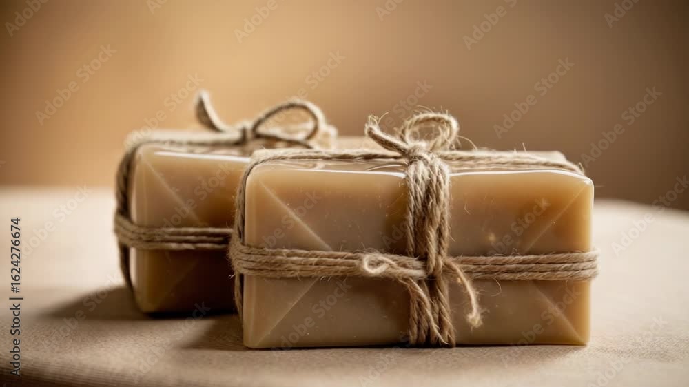 Aufkleber close-up of two soap bars wrapped in twine on a table