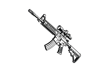 Detailed silhouette of a modern assault rifle with a scope isolated on white background