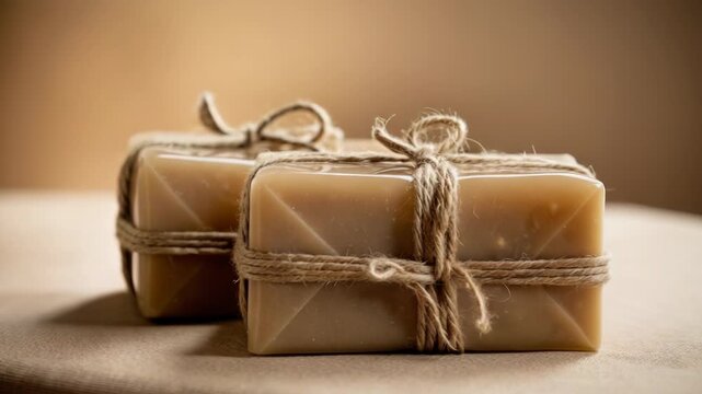 Close-up of two soap bars wrapped in twine on a table