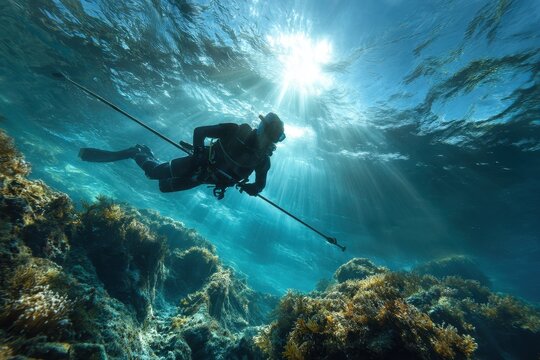 Scuba diver exploring underwater landscape while spearfishing in crystal-clear ocean waters during daytime