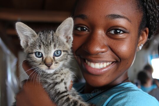 Woman smiles while holding a cute, playful kitten in a cheerful atmosphere during the afternoon at an animal shelter or adoption event