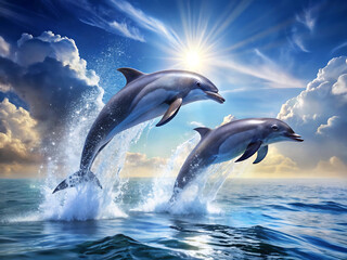 Fototapeta premium Two playful dolphins jumping out of the ocean water under the bright sunlight