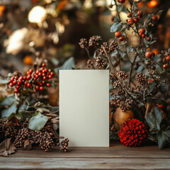 Red flower and berries on a blank card.