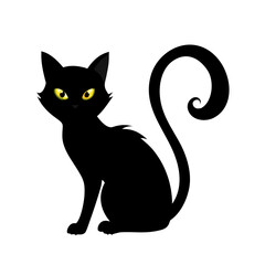 Illustration of a black cat with yellow eyes isolated on white background