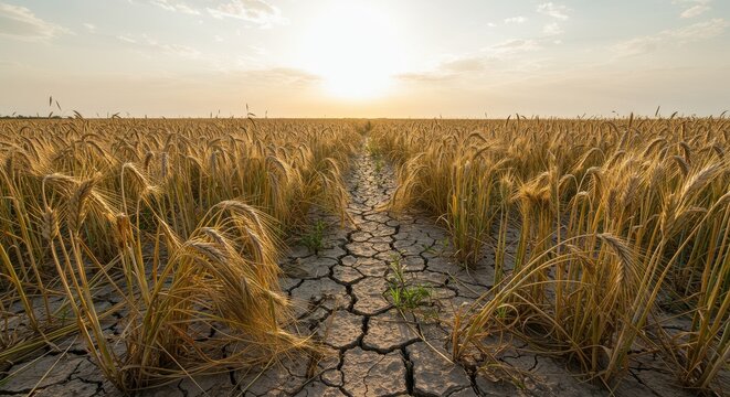 Golden Wheat Field Under Drought Conditions with Cracked Soil at Sunset Highlighting Climate Change Effects on Agriculture