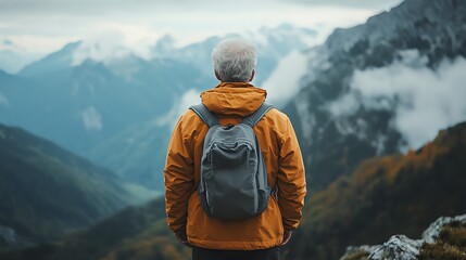 Person in an orange jacket gazing at mountain landscape.