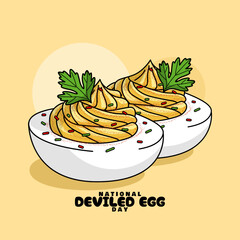 National Deviled Egg Day to celebrate on November 2nd. Hard boiled eggs and cut in half with ground mustard topping and leaves on bright yellow background. Food event banner.
