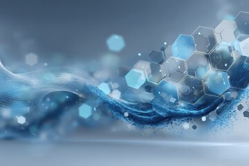 Exploring abstract representations of biology and pharmaceutical technology through hexagonal patterns and fluid movements in a futuristic setting