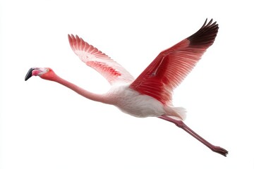Flying pink flamingo bird gracefully soaring through the air with its vibrant wings spread wide against a white backdrop displaying its elegance and beauty