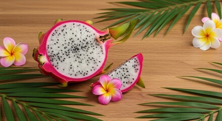 Vibrant Dragon Fruit with White Flesh and Tropical Flowers on Wooden Table, Ideal for Healthy Eating and Exotic Cuisine