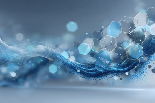 Exploring abstract representations of biology and pharmaceutical technology through hexagonal patterns and fluid movements in a futuristic setting