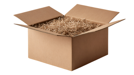 Open cardboard box filled with shredded paper packing material isolated on transparent background