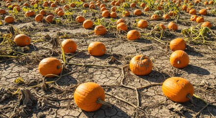 Vibrant orange pumpkins spread across a dry agricultural field under bright sunlight in autumn harvest season