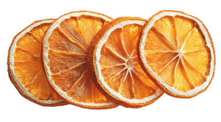 Close-up of three dried orange slices, arranged in a horizontal row.  The slices are vibrant orange-brown, with visible segments and a slightly wrinkled texture