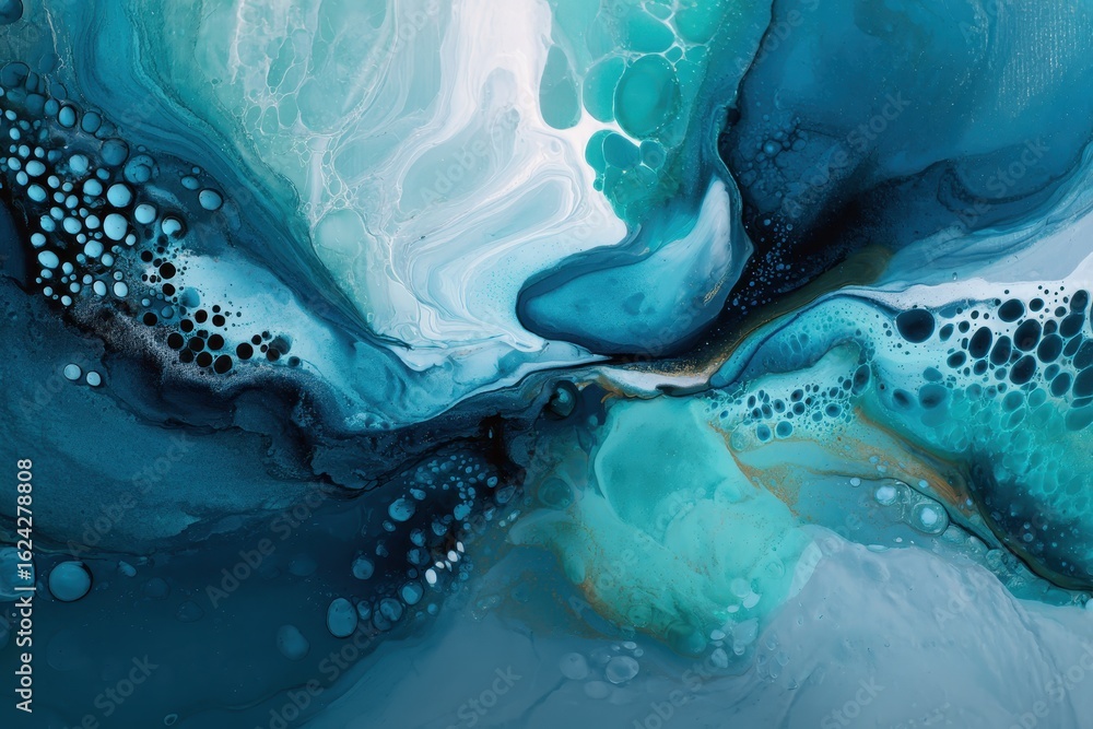 Poster exploration of transformation in abstract art featuring teal and green gradient paint blending seaml