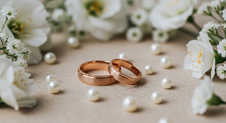 The promise of forever captured: rose gold wedding rings with classic pearls and white flowers.

