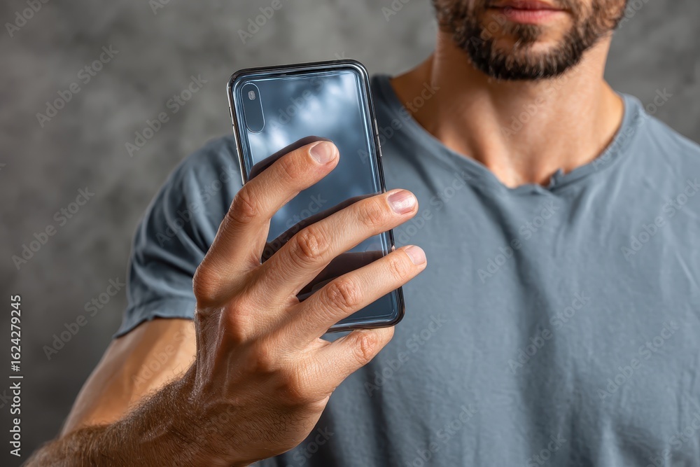 Poster adult man using smartphone with a serious expression in a simple indoor setting during daylight hour
