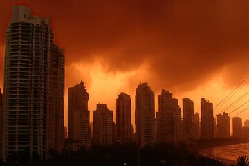 City skyline silhouettes against a fiery sunset/storm