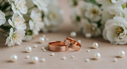Symbolic image of two rose gold rings, representing marriage and commitment amidst elegant decor.

