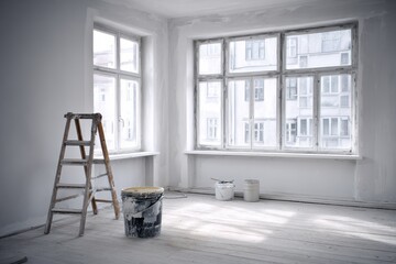 Renovation process in a bright room with wooden ladder and paint buckets during a home improvement project on a weekday