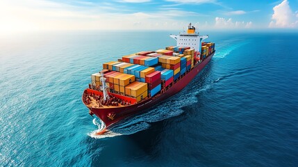 Large cargo ship sailing through vibrant blue waters.