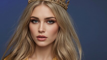 Glamorous Blonde Woman Wearing a Sparkling Gold Crown Adorned with Glittering Accents Against a Deep Blue Background Capturing Regal Elegance