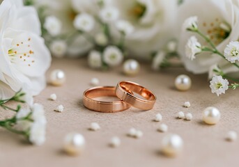 Elegant rose gold wedding rings nestled among scattered pearls and soft white flowers, symbolizing love.

