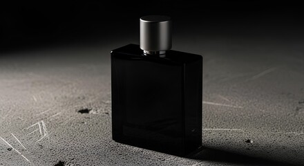Elegant black perfume bottle mockup on a concrete surface with dramatic lighting.