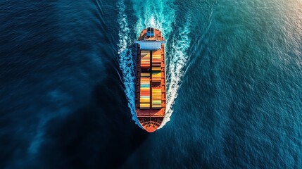 Aerial view of a colorful cargo ship on the ocean.