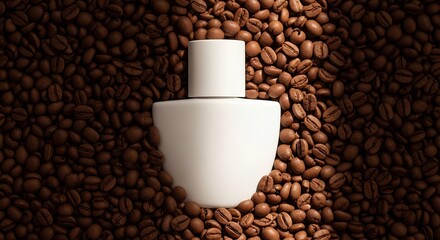 Perfume bottle mockup with a coffee scent concept on a bed of roasted beans.