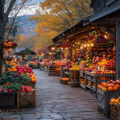 Fototapeta premium Market bustling with colorful, fresh fruits and vegetables.