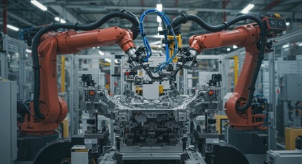 Advanced Robotic Arms Assembling Car Components in Modern Factory Environment with High Technology Machinery