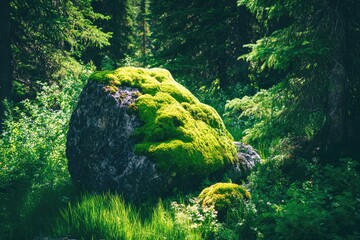 Moss-covered boulder in a sunlit forest