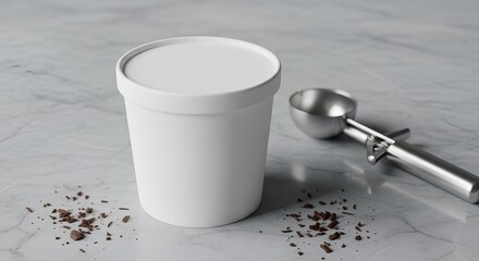 Blank ice cream pint container mockup with a scoop on a marble countertop.