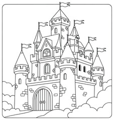 Obraz premium Majestic Castle Coloring Page for Kids Featuring a Fairytale Fortress with Towers, Flags, and Clouds in a Simple Black and White Line Art Style for Creative Fun