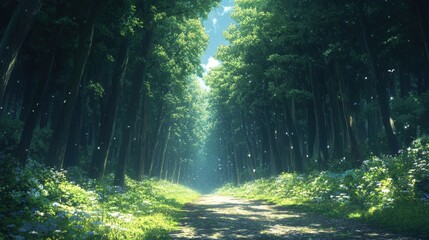 Fototapeta premium Serene forest path illuminated by sunlight and flowers