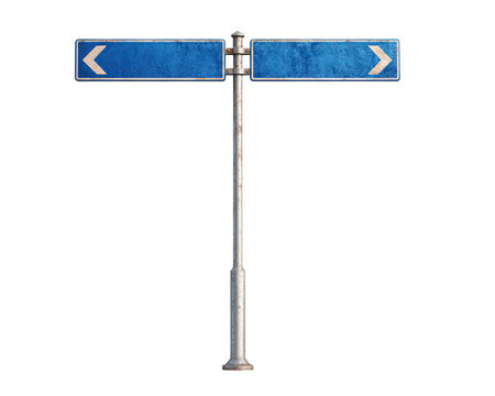 Blue metal street sign with two blank directional arrows on pole, isolated on transparency background, symbolizing choice, decision, and direction with weathered, urban feel