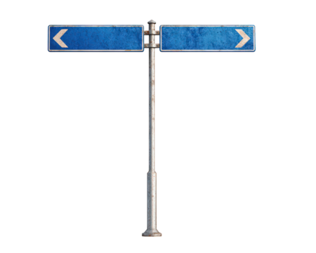 Blue metal street sign with two blank directional arrows on pole, isolated on transparency background, symbolizing choice, decision, and direction with weathered, urban feel