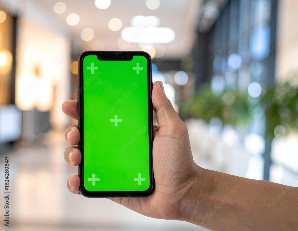 Poster close-up of a hand holding a modern smartphone with a blank green screen display, perfect for adding