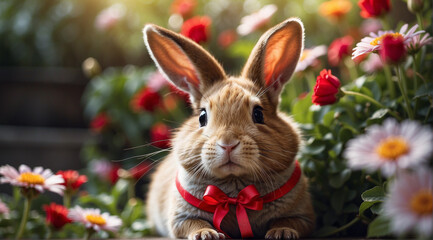 A cute rabbit with chubby cheeks sits quietly. A red ribbon is tied around its neck. Beautifully bloomed flowers fill the background. The rabbit looks slightly sad or thoughtful.