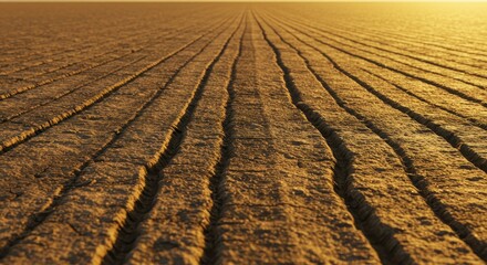 Expansive Landscape with Textured Ground Showing Linear Patterns Under Golden Light
