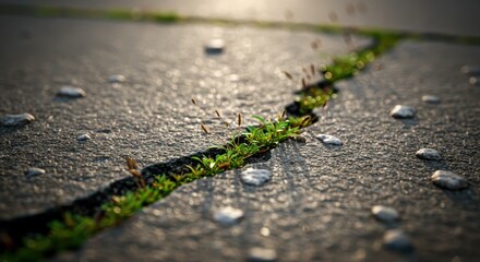 Resilient Greenery Growing Through Cracks in Gray Pavement Under Soft Natural Light