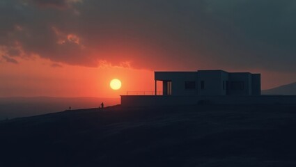 Obraz premium Modern House on Hillside Overlooking Ocean During Fiery Sunset