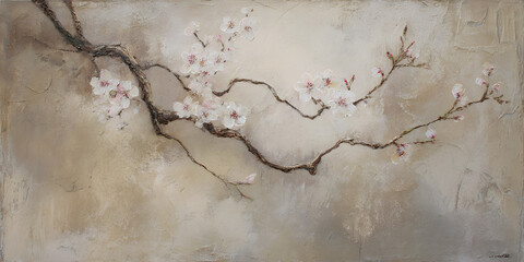 Cherry blossom branch on textured plaster wall with soft light and wabi-sabi fine art style